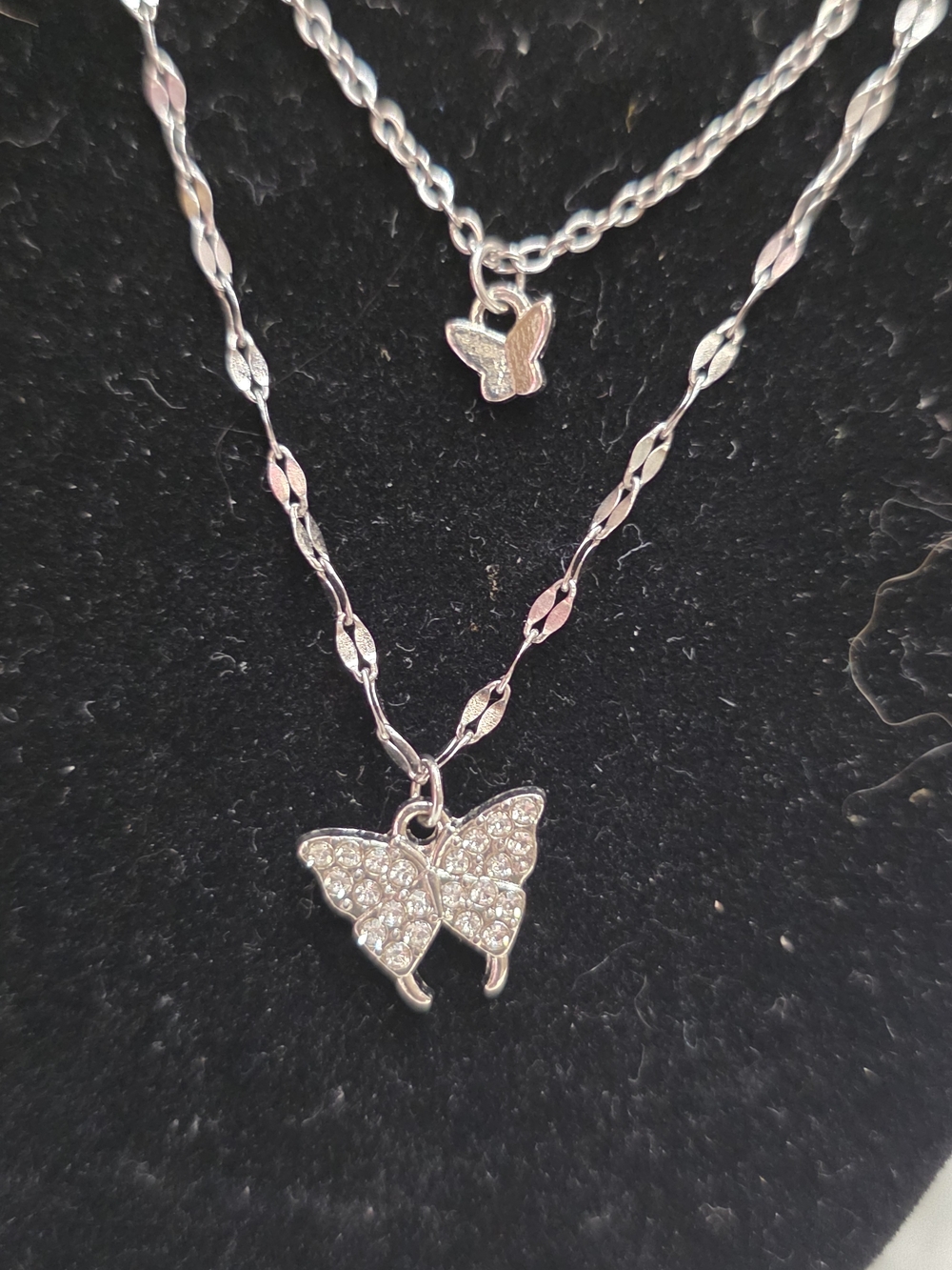 Sterling Silver Butterfly Pendant Layered Necklace - Sparkling Rhinestone Accent
